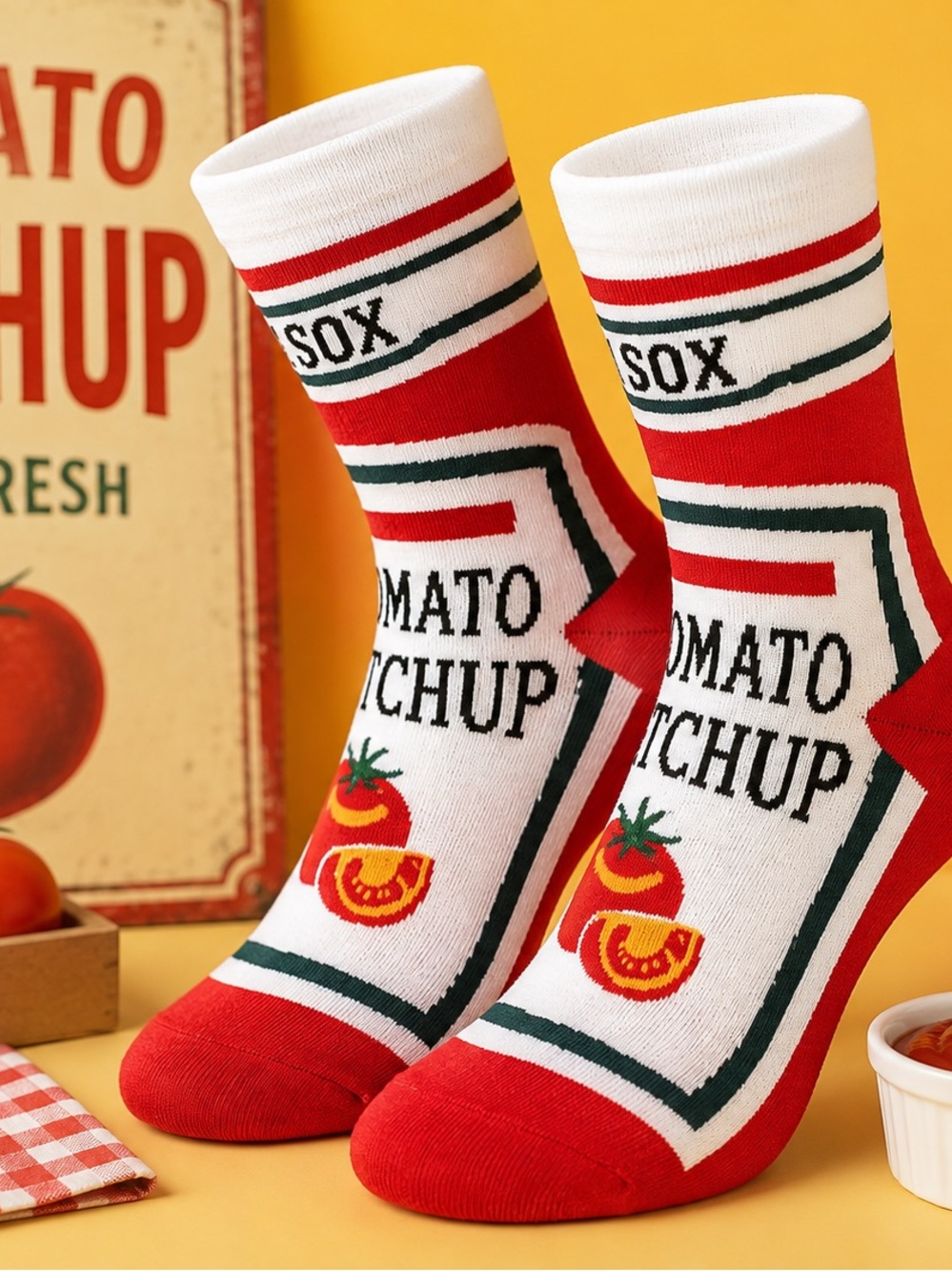Tomato Ketchup Crew Socks Red White Novelty Food Socks